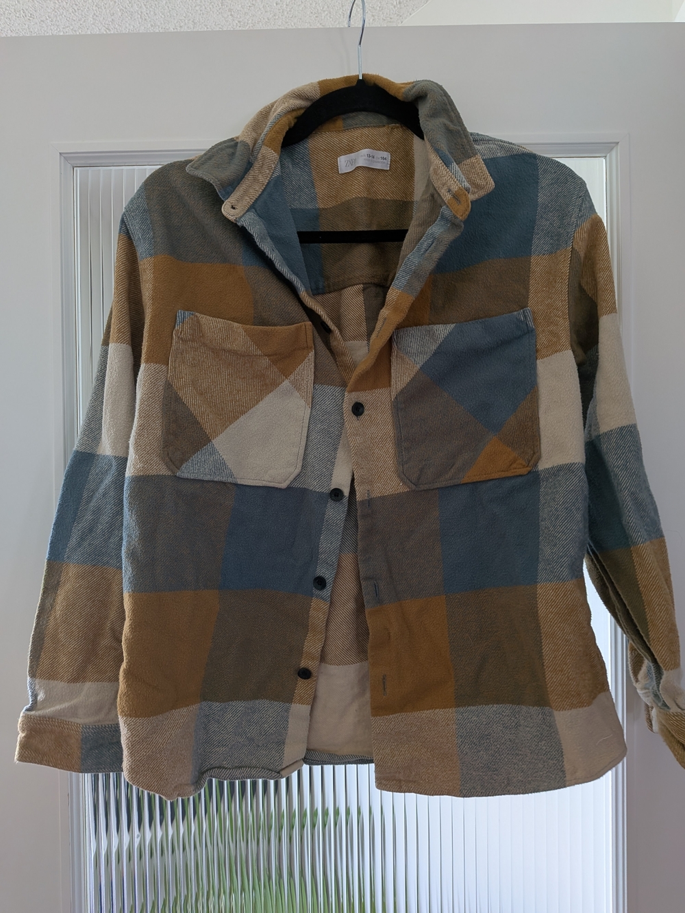 Zara Teenager Plaid Shirt Jacket in Blue, Tan & Cream